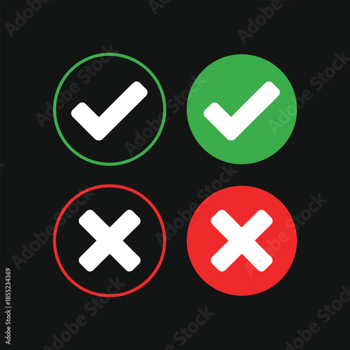 Two green checkmarks and two red crosses inside circles on black background check mark x mark