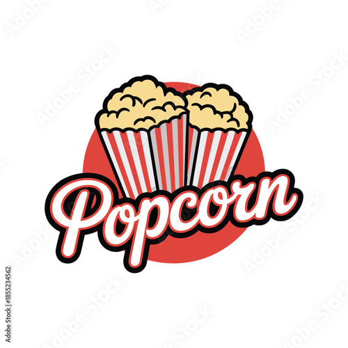 Two striped popcorn boxes filled with yellow popcorn in front of a red circle with the word Popcorn snack vector illustration isolated on white background.