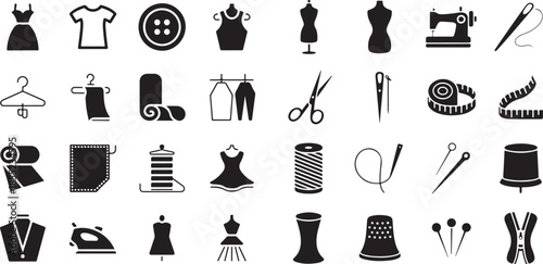 Sewing and fashion tailoring icon set. Containing sewing machine, mannequin, needle, thread, scissors, measuring tape, thimble, iron, zipper, and more.