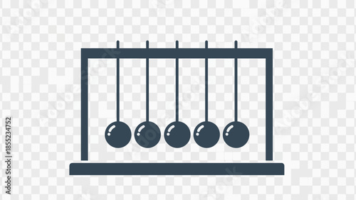 Newton's cradle with five dark spheres suspended by strings.