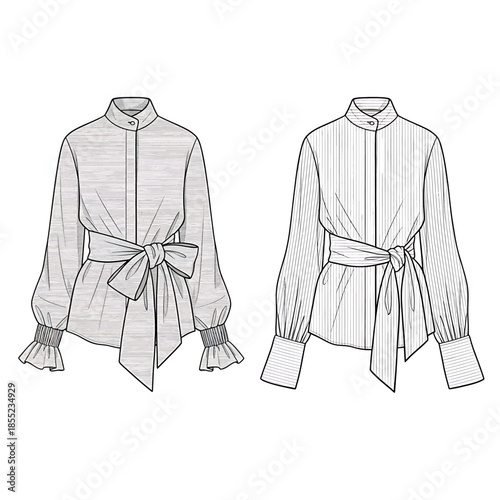 Elegant tie-waist blouse designs with puffed sleeves Vector