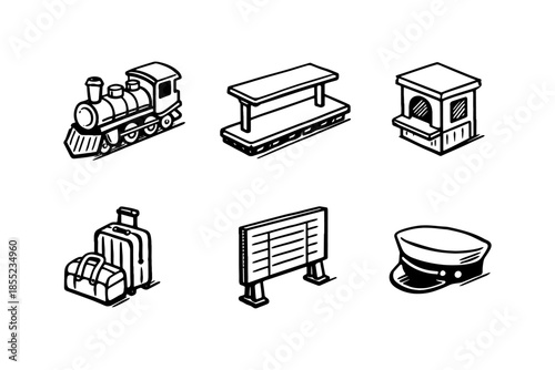 Hand-drawn train station elements set with locomotive, platform, ticket booth, and accessories
