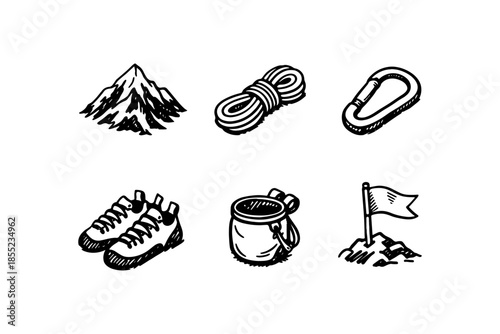 Black and white adventure gear outline for climbing and hiking