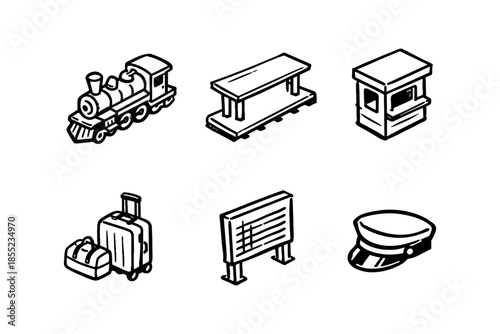 Hand-drawn train station icons: vintage train, ticket booth, platform, luggage, schedule board, conductor hat