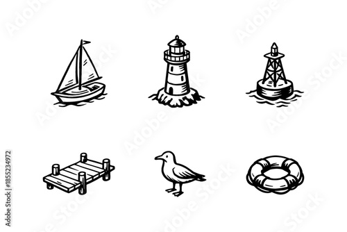 Nautical icons collection featuring sailboat, lighthouse, and more