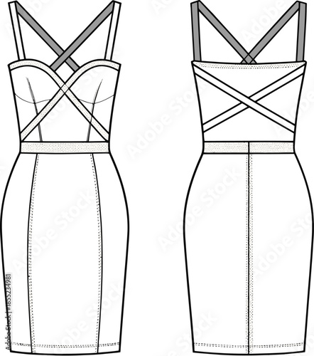 Elegant cross-back strapless dress design illustration Vector