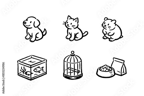Cute pet icons: dog, cat, hamster with pet supplies in black and white