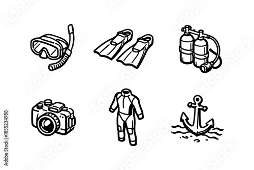 Essential diving gear collection featuring snorkel, fins, and diving suit