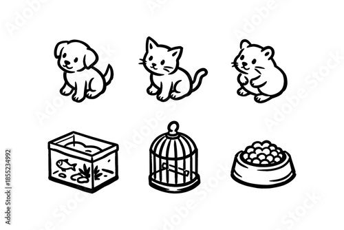 Cute pet line art icons featuring dog, cat, hamster, fish tank, bird cage, and pet bowl