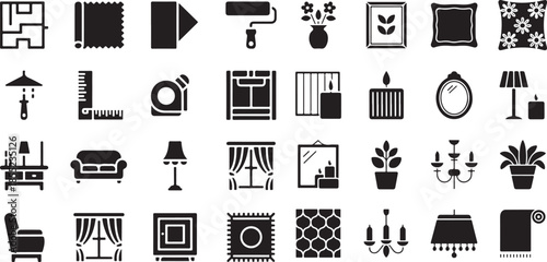 Interior design and home decoration icon set. Containing furniture, lighting, curtains, floor plan, paint roller, mirror, plants, patterns, and more.