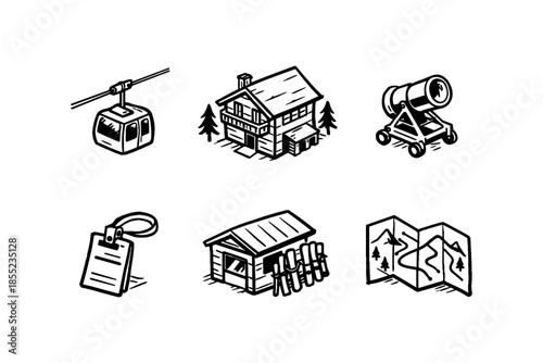 Rustic ski resort icons: hand-drawn winter sports and alpine cabin elements