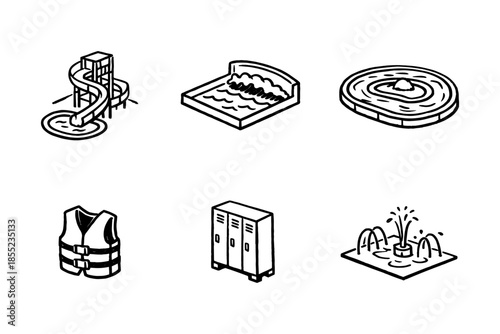 Aquatic recreation icons: pool, wave, slide, life vest, lockers, fountain