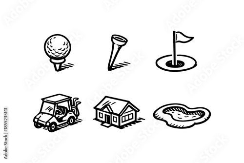 Golf course elements in hand-drawn style: tee, cart, clubhouse, pond