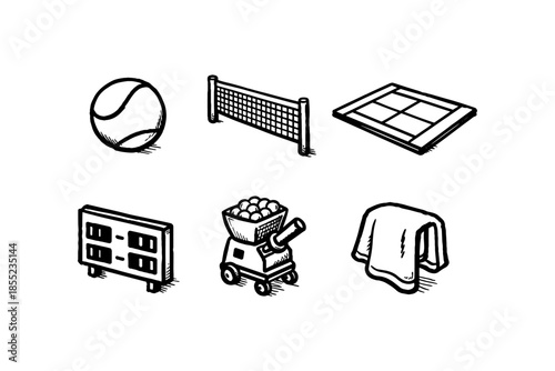 Hand-drawn tennis equipment icons featuring ball, net, court, scoreboard, ball machine, and towel