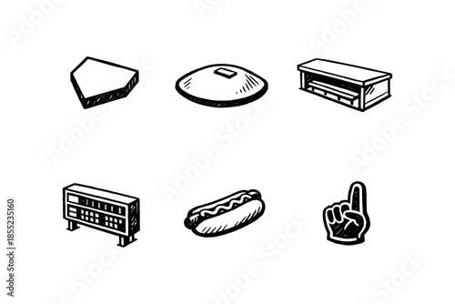 Hand drawn icons of everyday objects in black and white