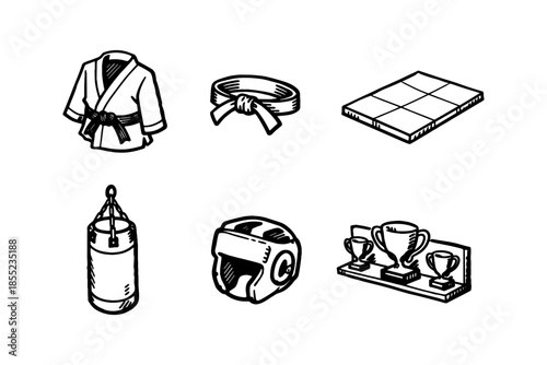 Martial arts equipment sketch featuring gear and trophies in hand drawn style