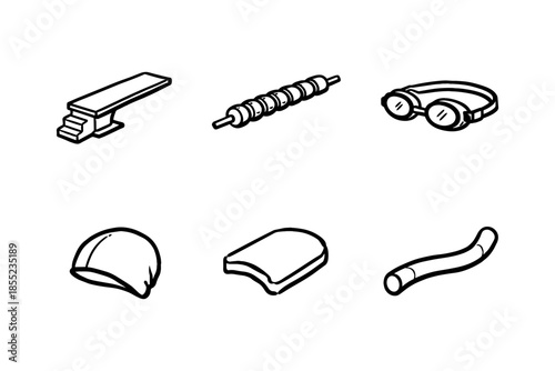 Hand drawn swimming icons set: diving board, goggles, cap, flippers, pool noodle, barbell