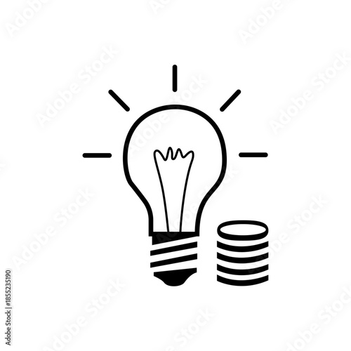 Simple line drawing of a bright light bulb with coins