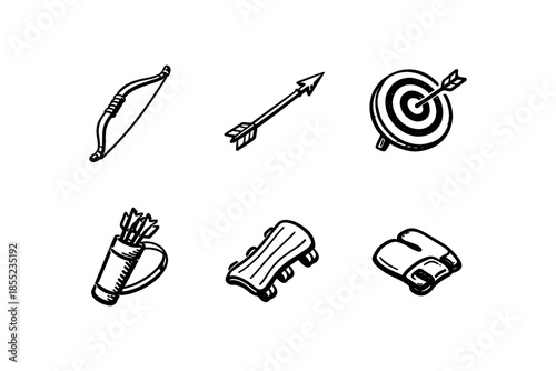 Archery gear doodles: bow, arrow, target, quiver, arm guard icons