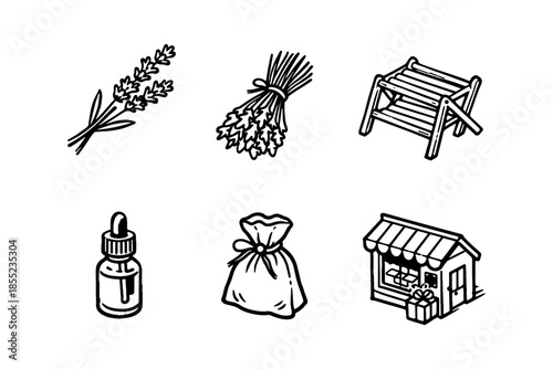 Rustic herbal shop icons: bundle, packaging, lavender, and more