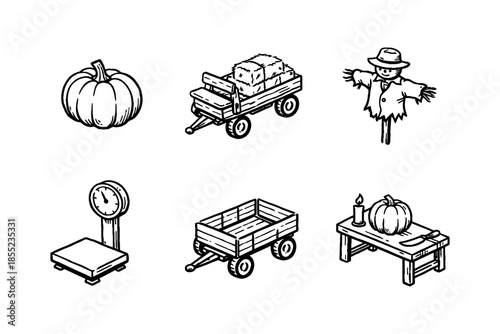 Rustic autumn harvest icons: pumpkin, hay wagon, scarecrow, farm table, scale