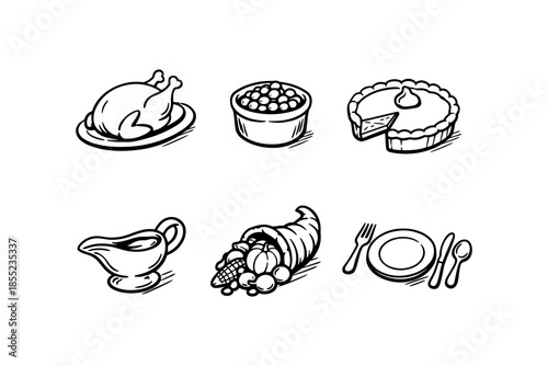 Thanksgiving feast icon set: turkey, pie, cornucopia, and more in sketch style
