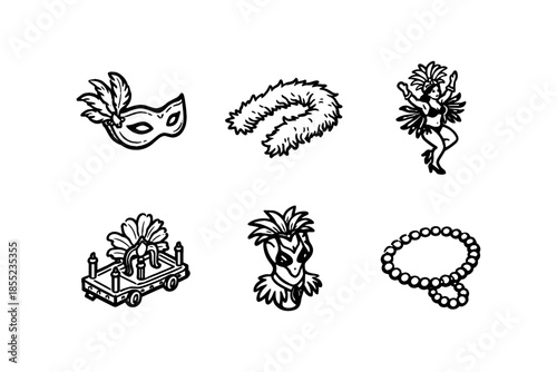 Carnival icons set: mask, boa, dancer, parade float, headdress, beads in black and white