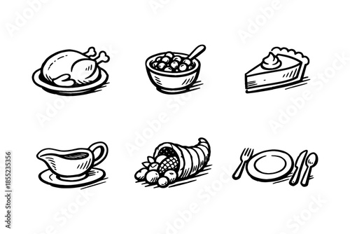 Thanksgiving feast icon set: hand drawn style harvest and dinner elements