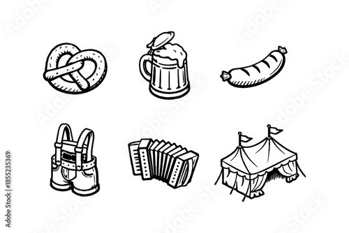 Oktoberfest celebration icons: pretzel, beer, sausage, lederhosen, accordion, tent in hand-drawn style