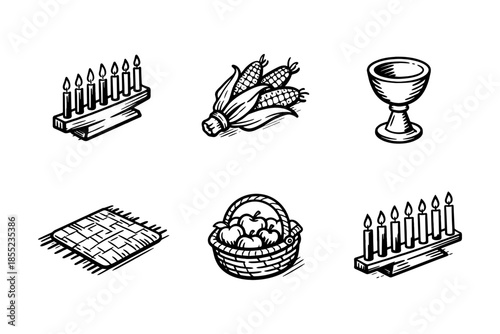 Harvest and celebration symbols in hand drawn black and white style