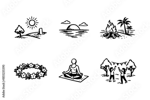 Minimalist nature and recreation icons: sun, landscape, campfire, and more