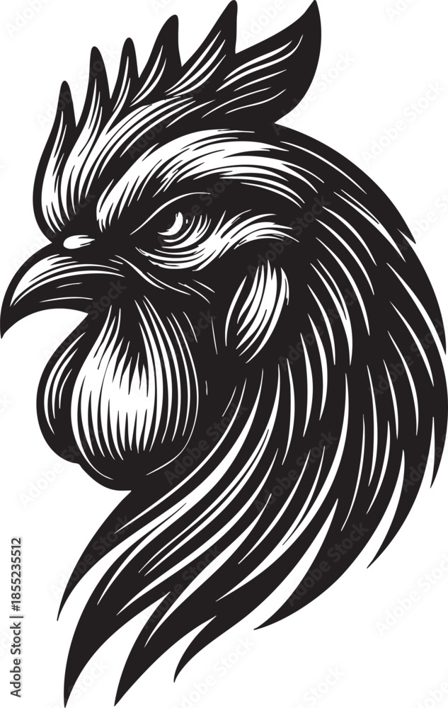 Obraz premium stylized black and white rooster head illustration with bold lines and intricate feather detail for graphic design use