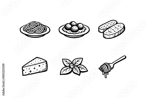 Italian cuisine icons featuring pasta, cheese, and herbs in hand-drawn style