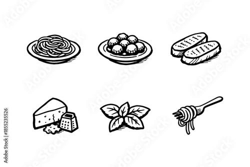 Italian cuisine icons with pasta, meatballs, bread, cheese, basil, and fork