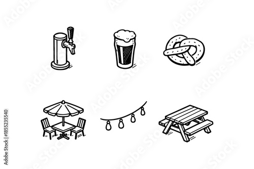 Hand drawn outdoor beer garden elements with barbecue and picnic icons
