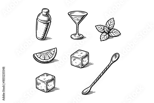 Classic cocktail tools and ingredients in hand-drawn style