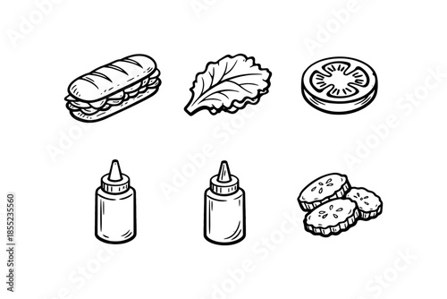 Hand drawn sandwich ingredients: baguette, lettuce, tomato, sauces, cucumber