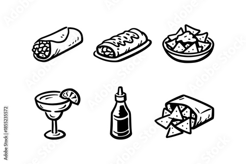 Monochrome mexican food icons: tacos, nachos, salsa, and margaritas