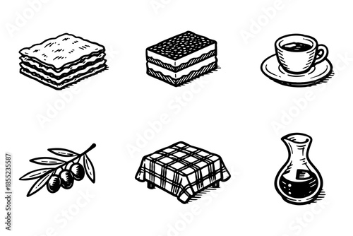 Hand drawn italian cuisine icons set with coffee, lasagna and more