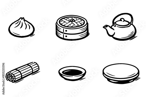 Hand-drawn asian cuisine icons: dumpling, bamboo steamer, teapot, chopsticks, bowl, plate