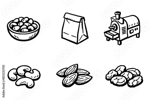 Hand drawn snack icons featuring nuts, roasting machine, and paper bag