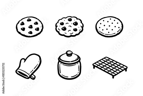 Hand-drawn baking icons: cookies, oven mitt, jar, cooling rack
