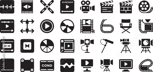Film production and video editing icon set. Containing movie clapper, film reel, camera, director chair, timeline, spotlight, and more.