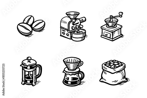 Hand drawn coffee essentials: beans to brew with classic coffee making tools