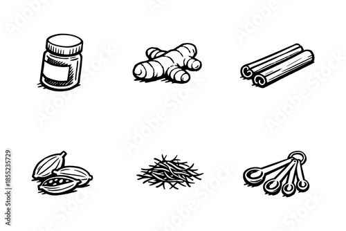 Hand-drawn spice icons set with ginger, cinnamon, and more in black and white