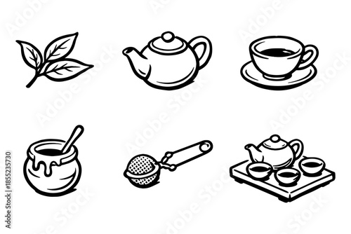 Black and white tea set icons: teapot, cup, honey, and accessories