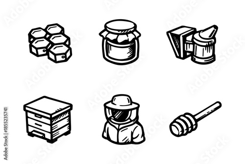 Set of hand-drawn beekeeping icons: honey, beehive, protective gear, bee smoker