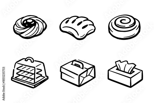 Black and white bakery icons collection: pastries, packaging, and tissue box in hand-drawn style