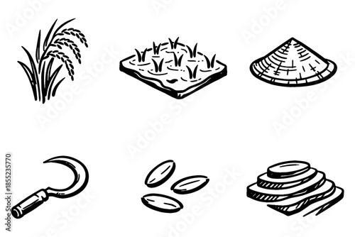 Hand drawn farming icons: rice plant, terrace, hat, sickle, grains
