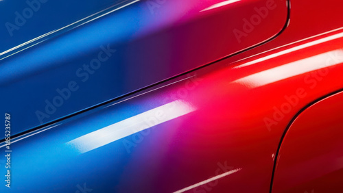 Close-up abstract view of highly reflective car body panels with a vibrant gradient transition from deep blue to bright red, automotive aesthetic.